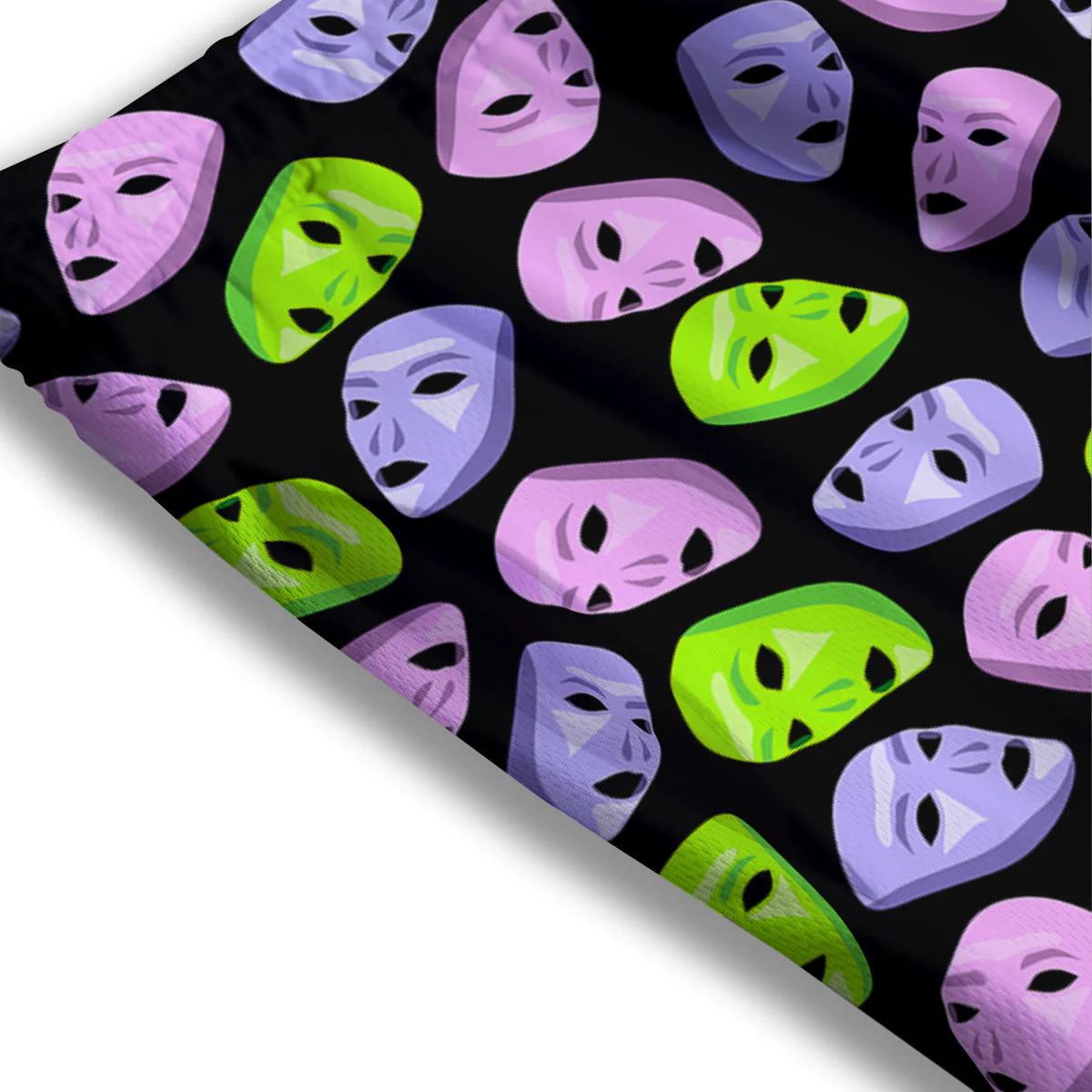 Pink Green And Purple Theater Masks Print Pattern Mesh Shorts - Image 3