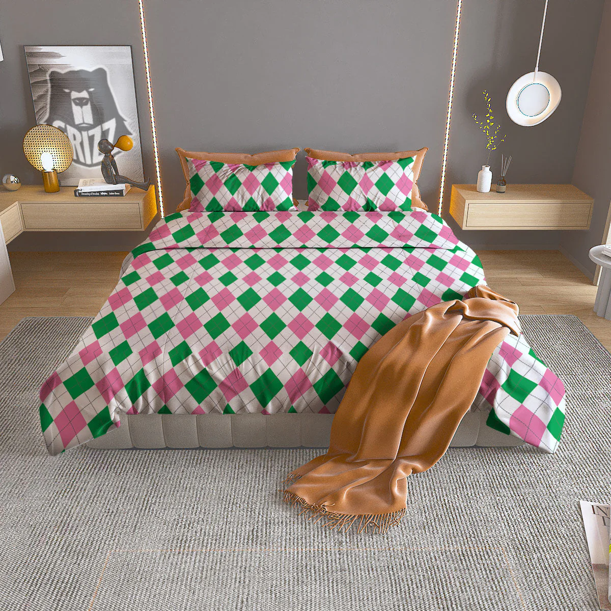 Pink Green And White Argyle Print Duvet Cover Bedding Set