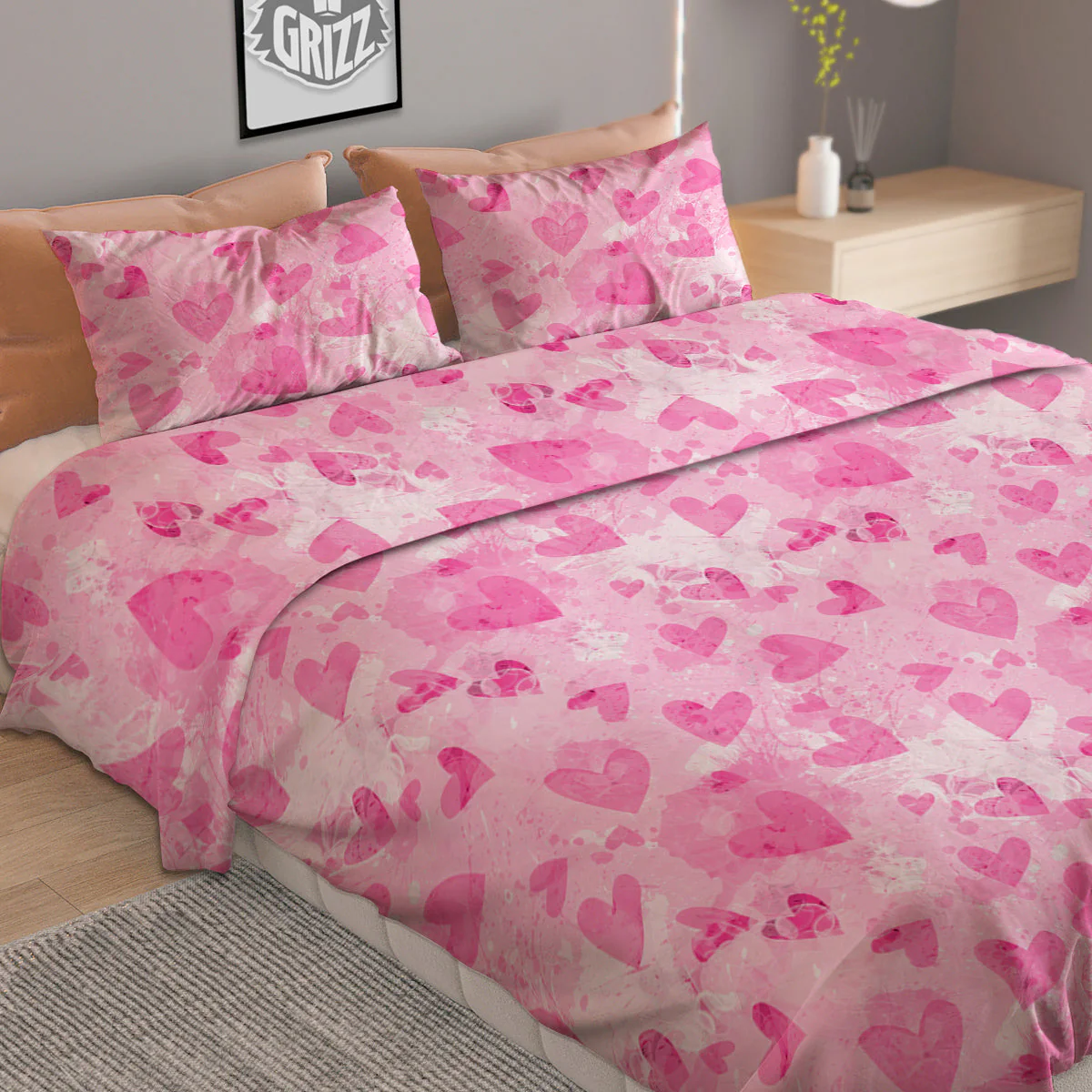 Pink Heart Cute Print Pattern Duvet Cover Bedding Set - Image 2