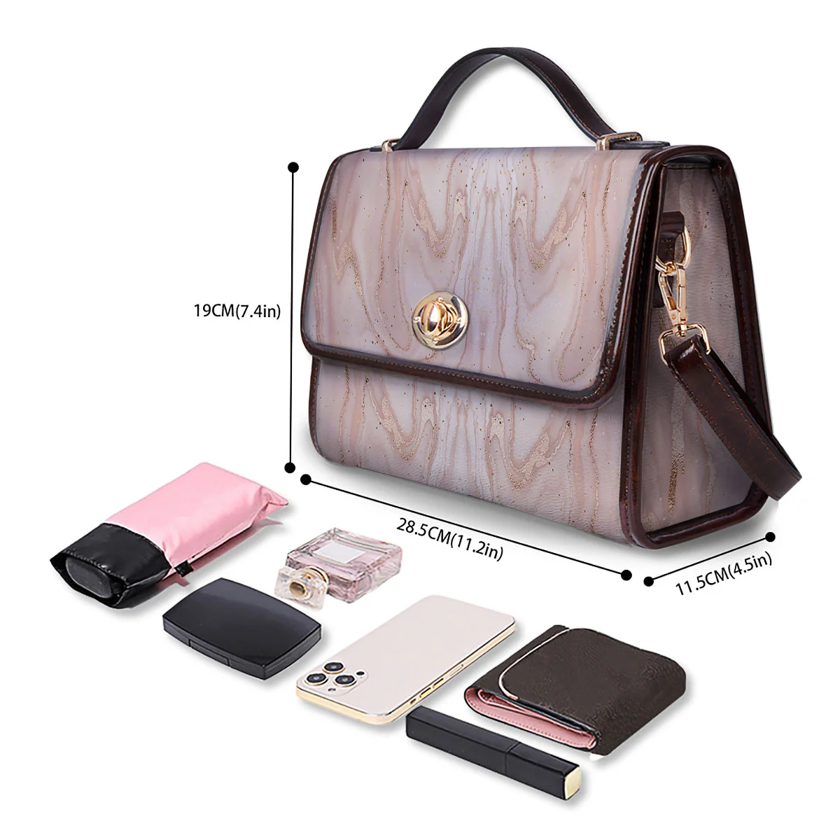 Pink Marble Print Pattern Women's Satchel Bag - Image 4