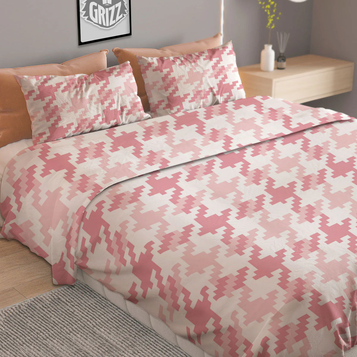 Pink Pastel And White Houndstooth Print Duvet Cover Bedding Set - Image 2