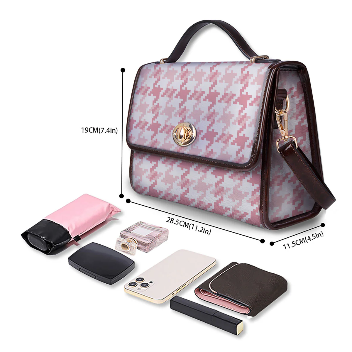 Pink Pastel And White Houndstooth Print Women's Satchel Bag - Image 4