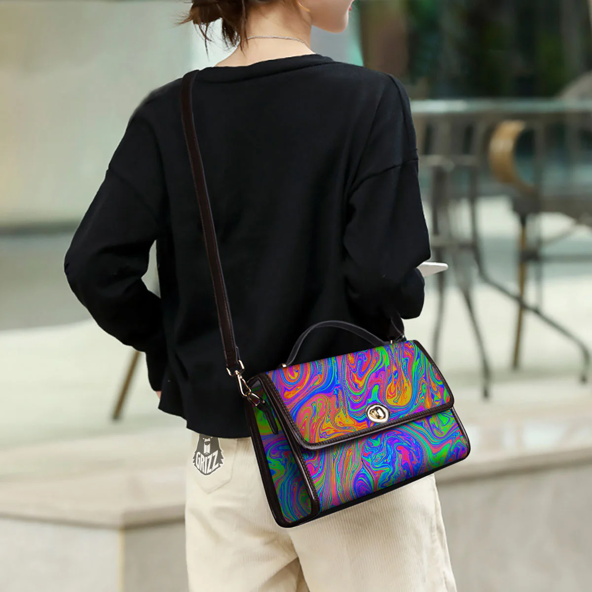 Pink Psychedelic Trippy Neon Green Print Women's Satchel Bag - Image 3