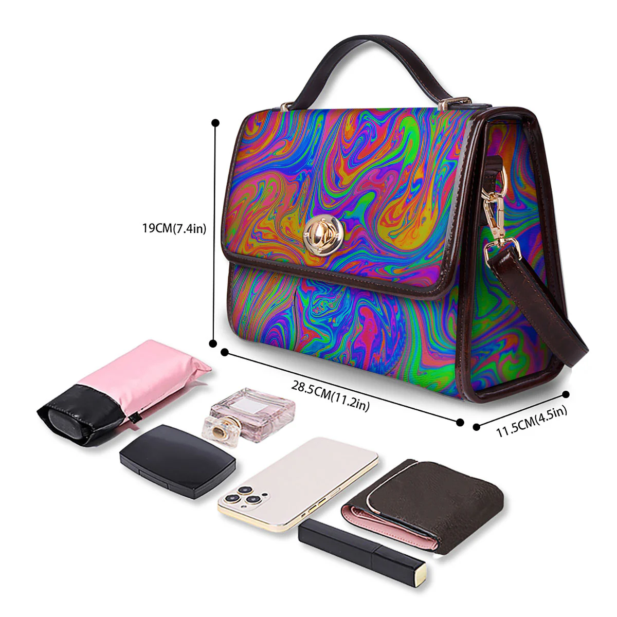Pink Psychedelic Trippy Neon Green Print Women's Satchel Bag - Image 4