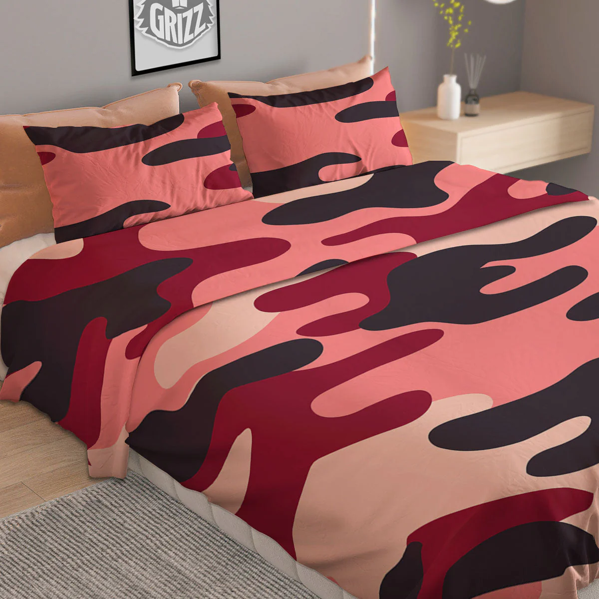 Pink Red And Black Camouflage Print Duvet Cover Bedding Set - Image 2