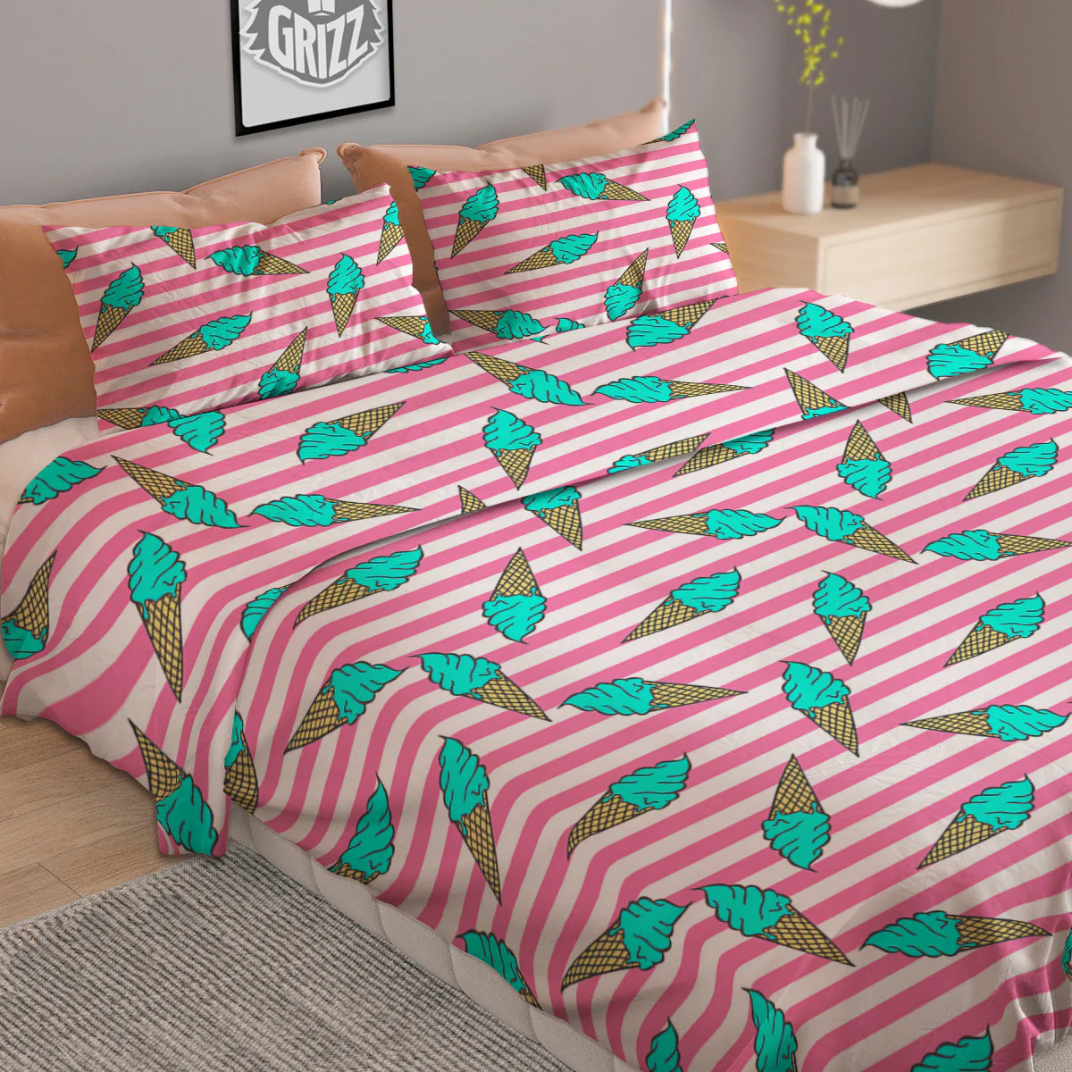 Pink Striped Ice Creams Print Pattern Duvet Cover Bedding Set - Image 2