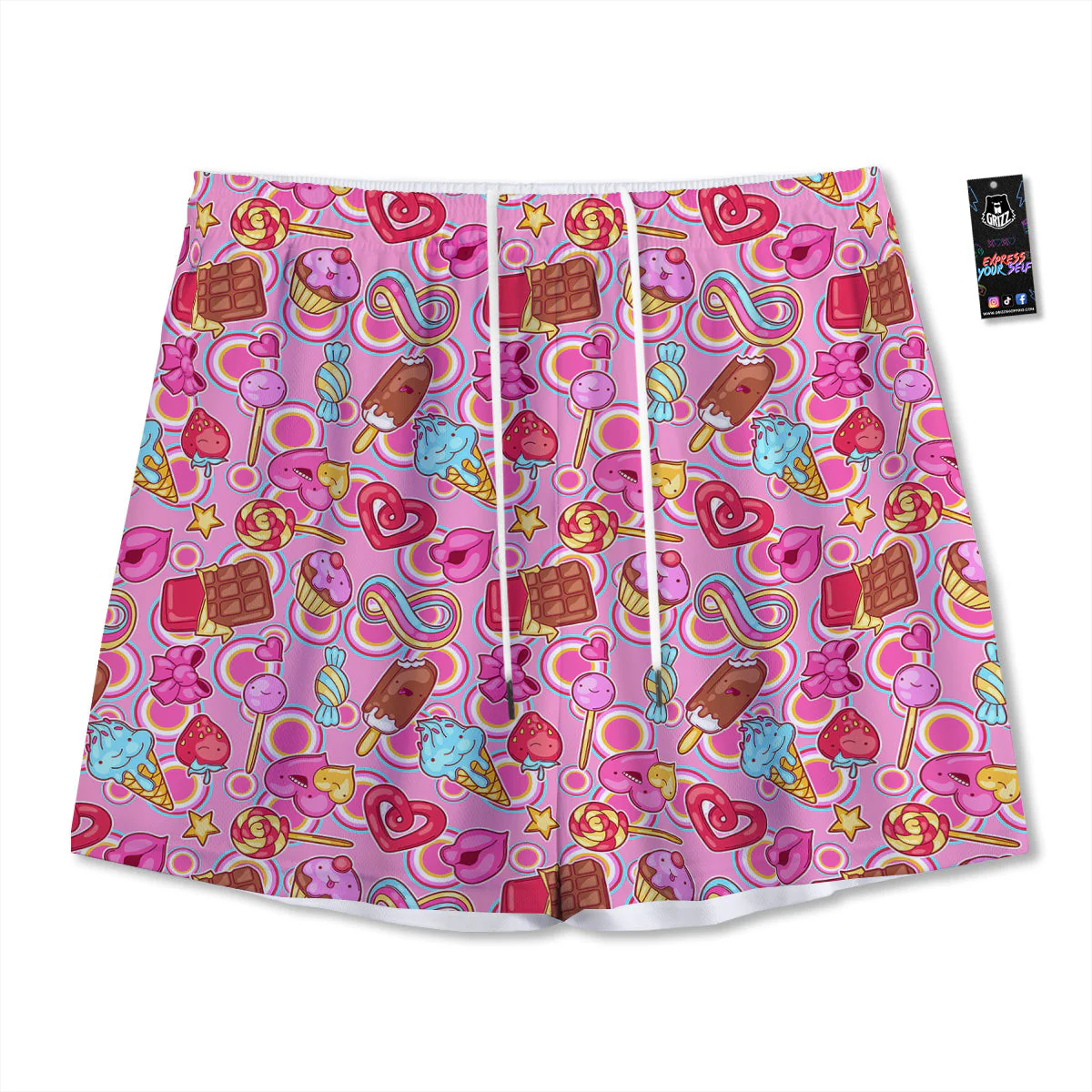 Pink Sweet Candy Print Pattern Mesh Shorts