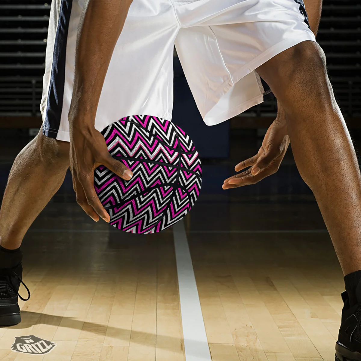 Pink White Black Zigzag Print Pattern Basketball - Image 3