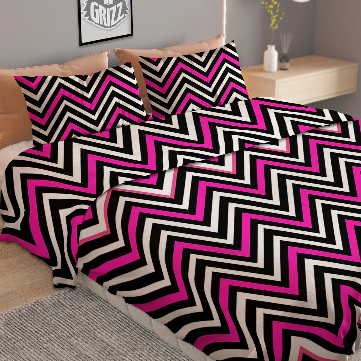 Pink White Black Zigzag Print Pattern Duvet Cover Bedding Set - Image 2