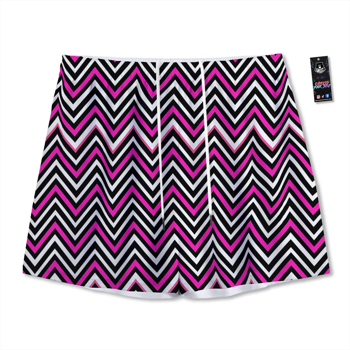 Pink White Black Zigzag Print Pattern Mesh Shorts