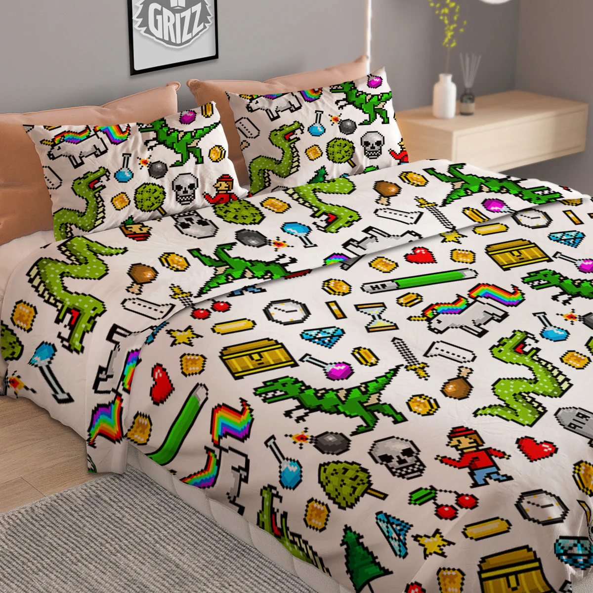 Pixel Art 8 Bit Retro Cartoon Print Pattern Duvet Cover Bedding Set - Image 2