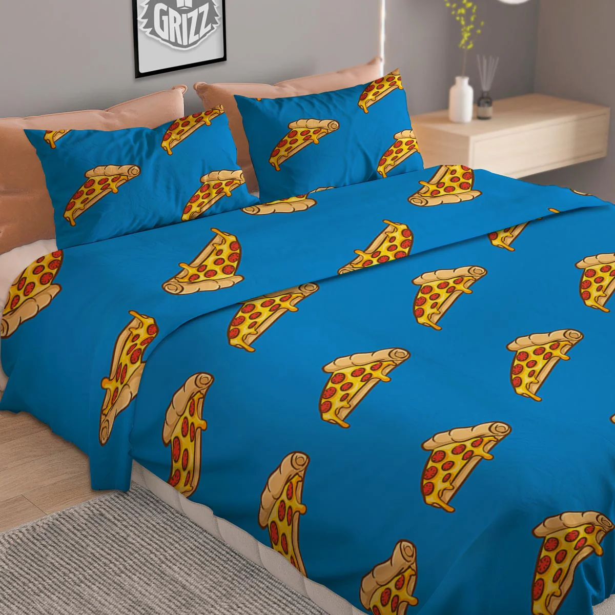 Pizza Teal Print Pattern Duvet Cover Bedding Set - Image 2