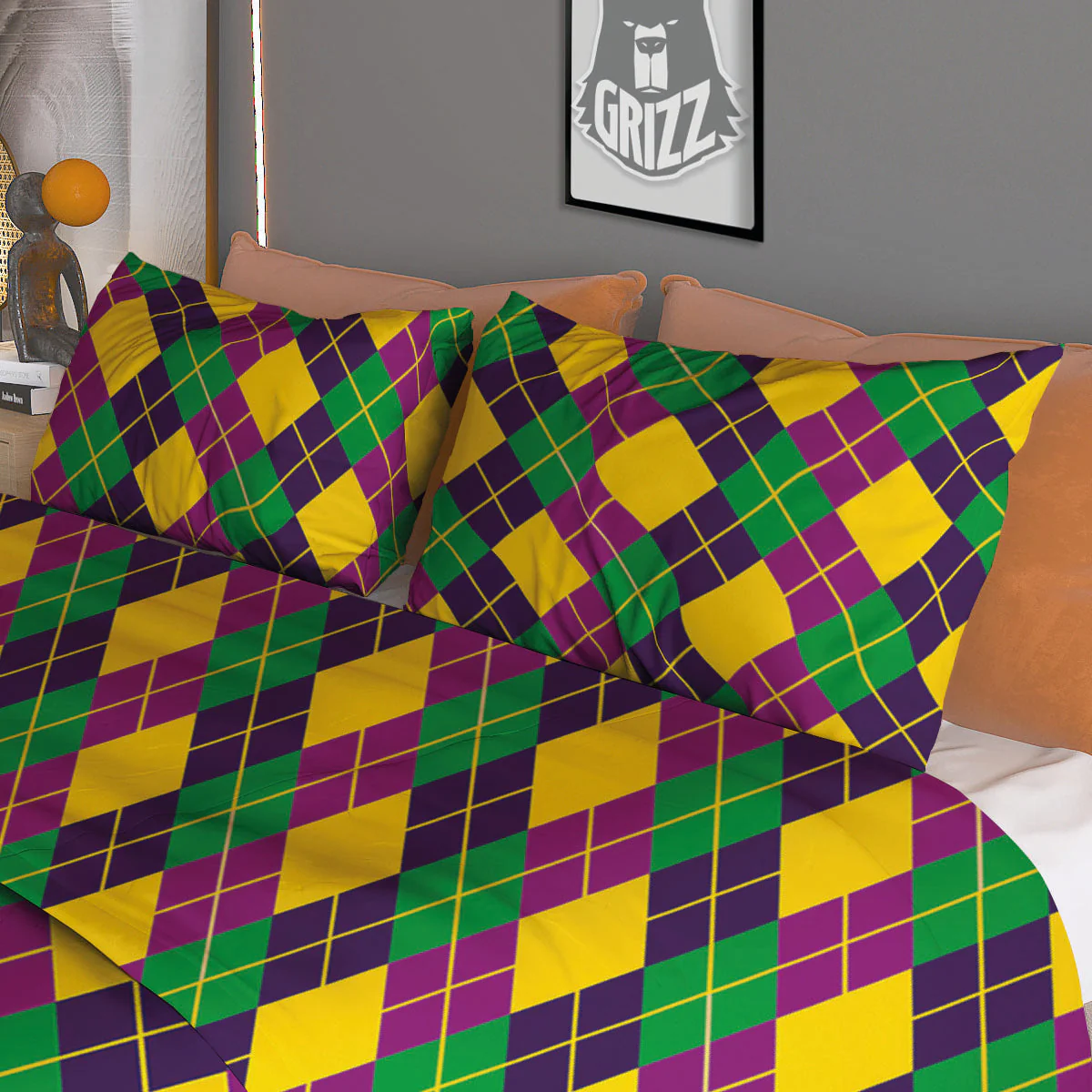 Plaid Mardi Gras Print Pattern Duvet Cover Bedding Set - Image 3