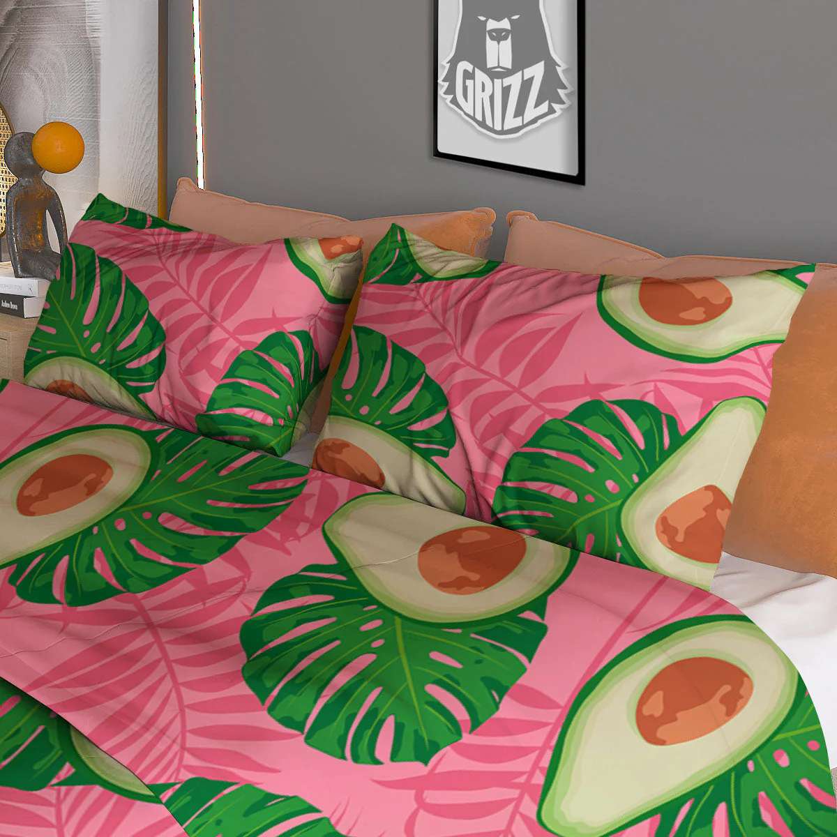 Plam Leaf And Avocado Pink Print Pattern Duvet Cover Bedding Set - Image 3