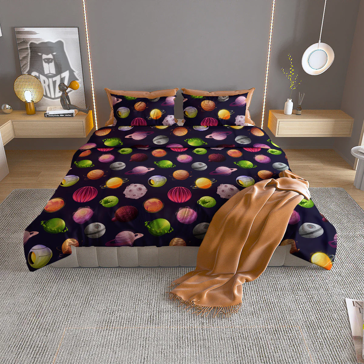 Planets And Stars Print Pattern Duvet Cover Bedding Set