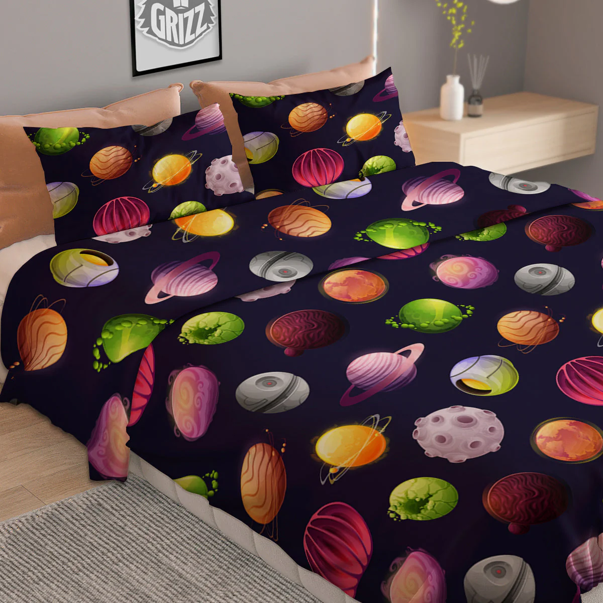 Planets And Stars Print Pattern Duvet Cover Bedding Set - Image 2