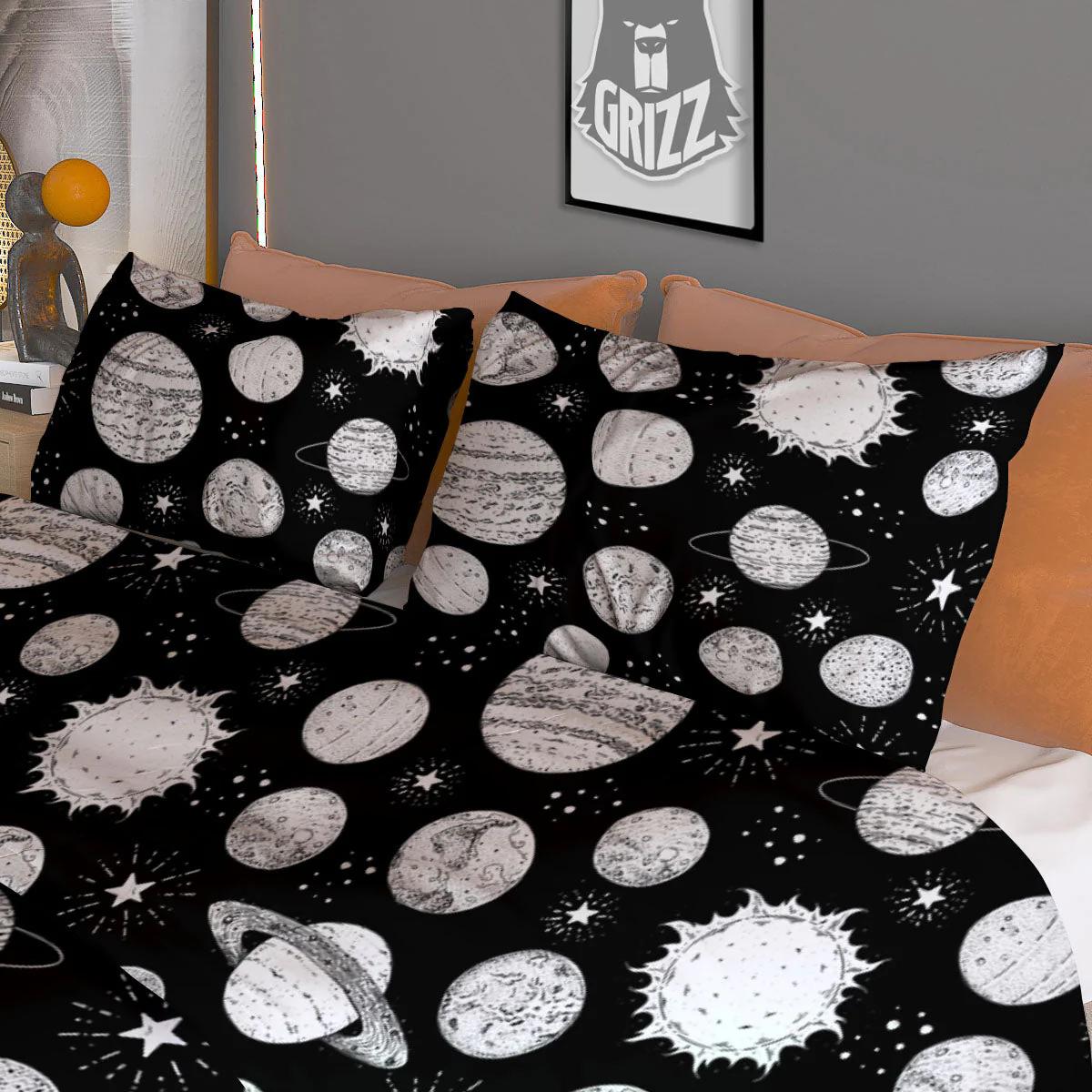 Planets White And Black Print Pattern Duvet Cover Bedding Set - Image 3