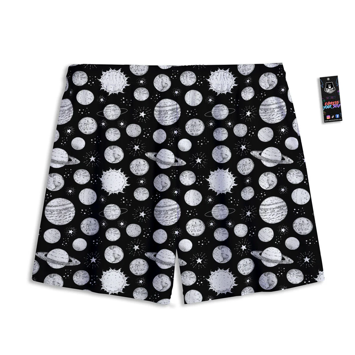 Planets White And Black Print Pattern Mesh Shorts - Image 2