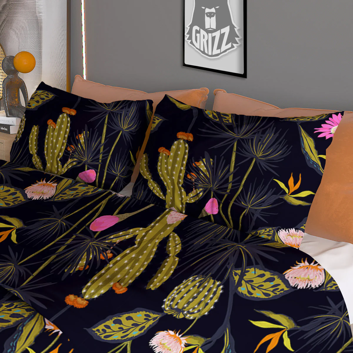 Plant Black Cactus Print Pattern Duvet Cover Bedding Set - Image 3