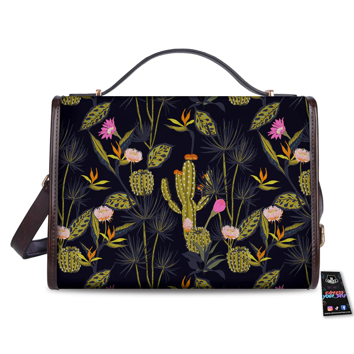 Plant Black Cactus Print Pattern Women's Satchel Bag - Image 2