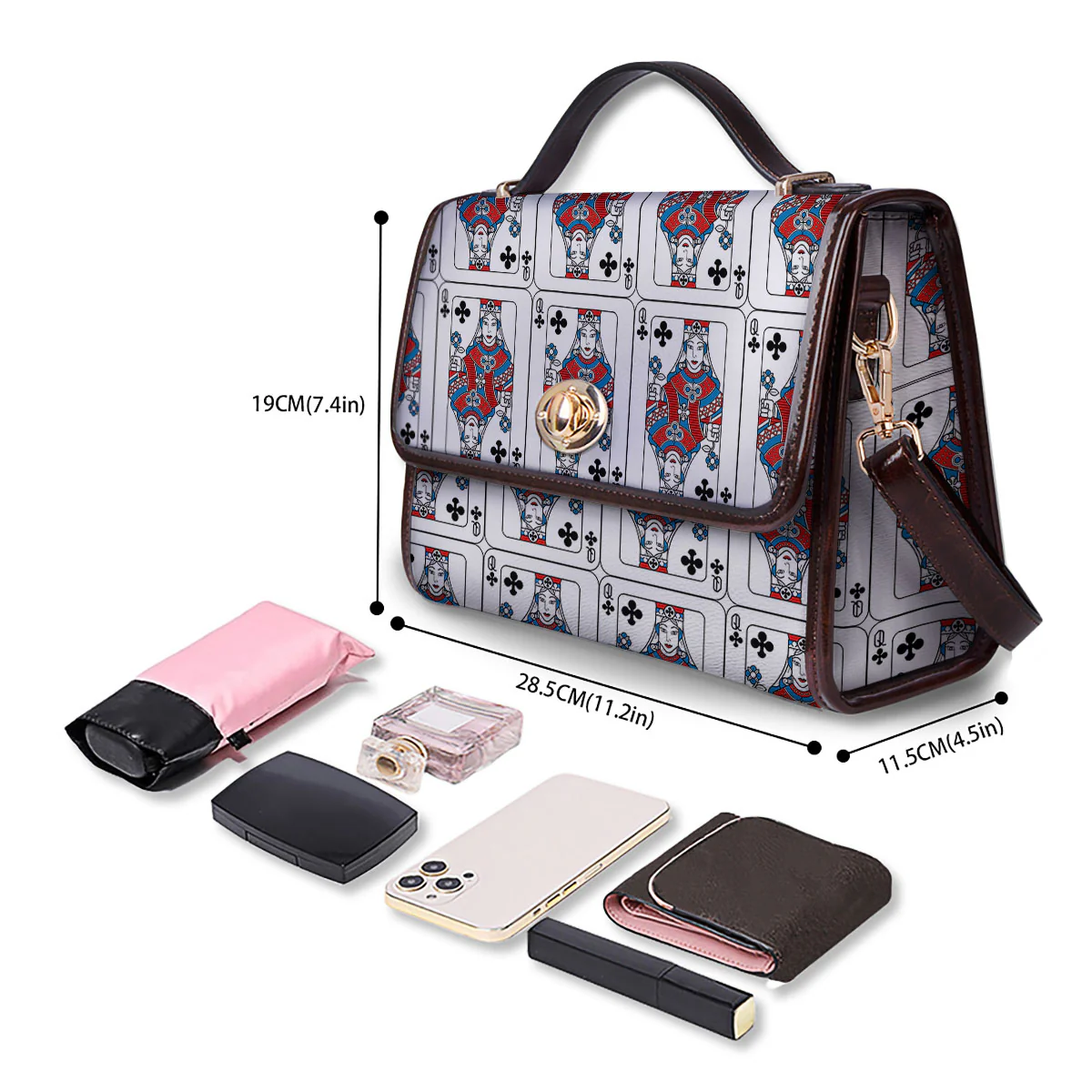 Playing Card Queen Of Clubs Print Pattern Women's Satchel Bag - Image 4