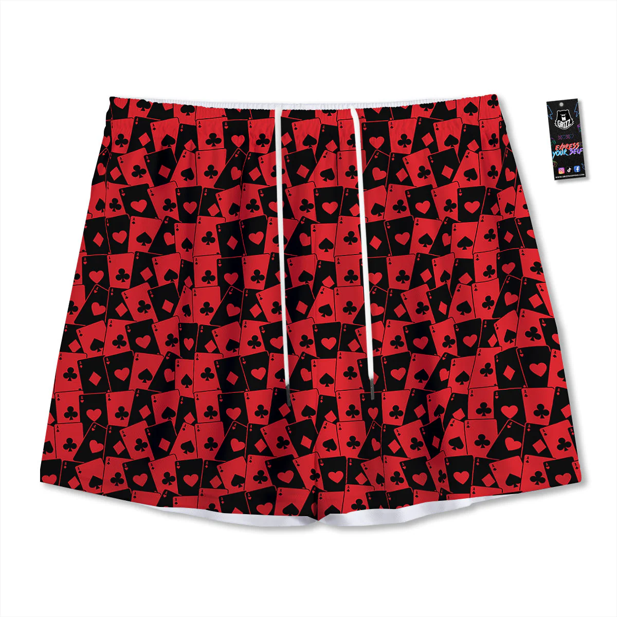 Playing Cards Black Red Print Pattern Mesh Shorts