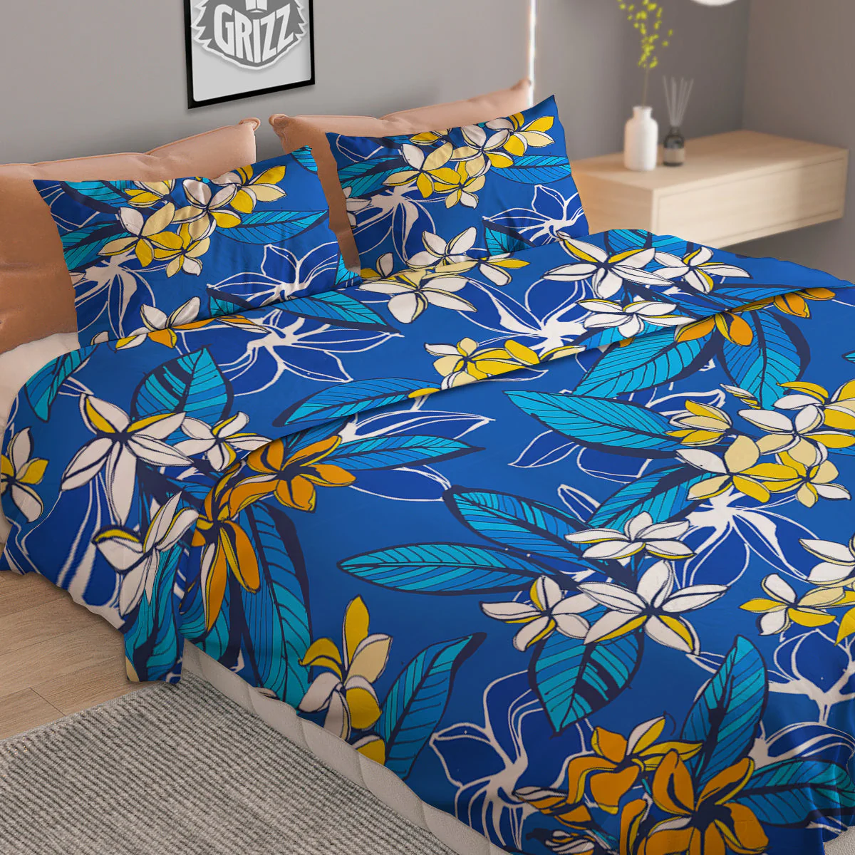 Plumeria Flower Yellow And White Blue Print Pattern Duvet Cover Bedding Set - Image 2