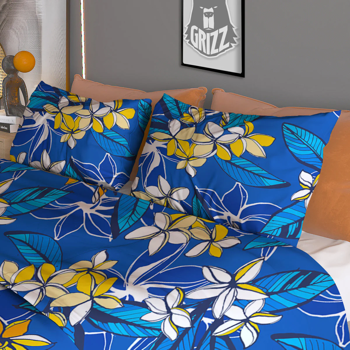 Plumeria Flower Yellow And White Blue Print Pattern Duvet Cover Bedding Set - Image 3