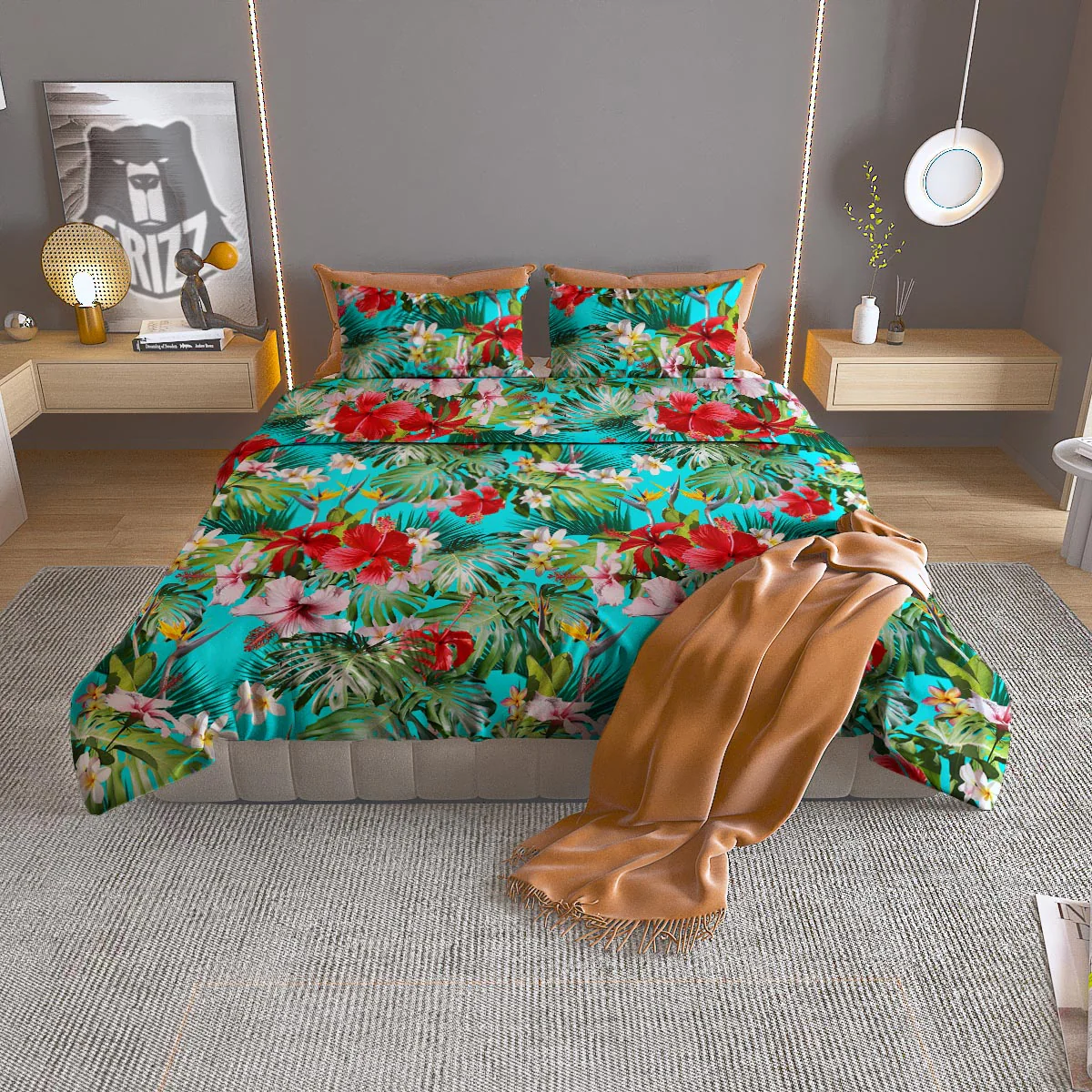 Plumeria Red Hibiscus Print Pattern Duvet Cover Bedding Set