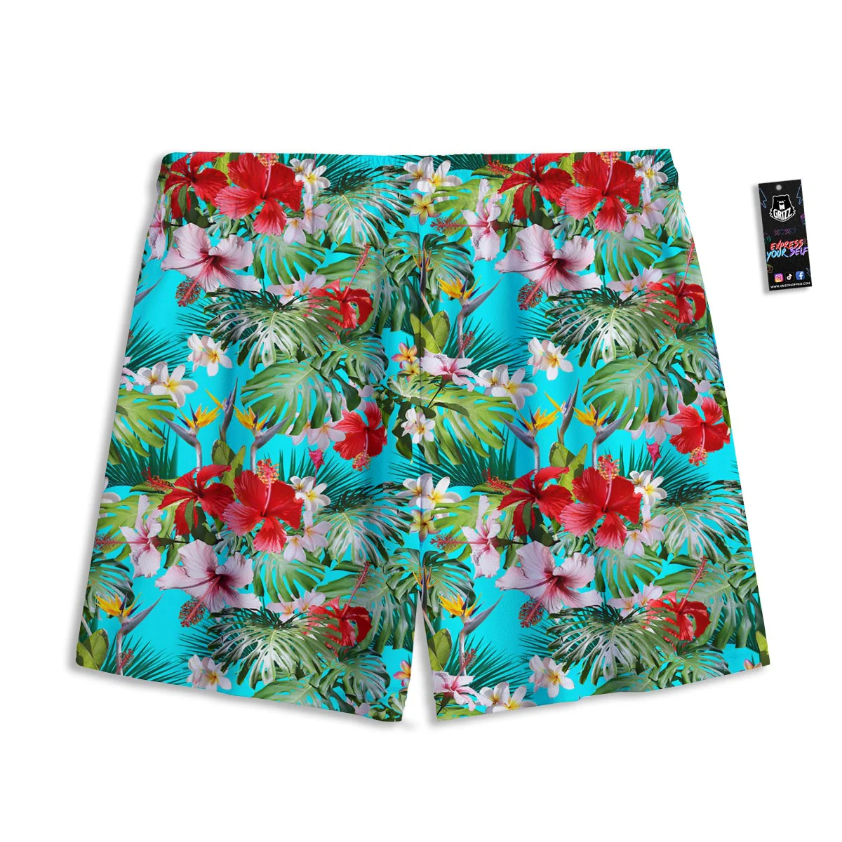 Plumeria Red Hibiscus Print Pattern Mesh Shorts - Image 2