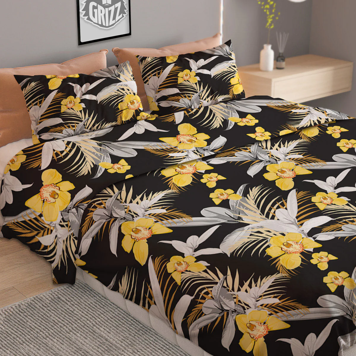 Plumeria Yellow And Black Print Pattern Duvet Cover Bedding Set - Image 2