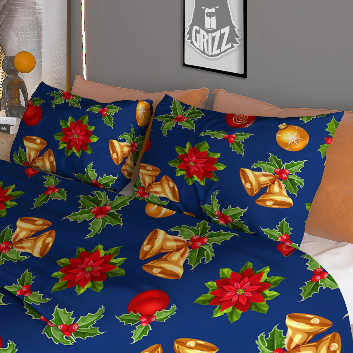 Poinsettia Merry Christmas Print Pattern Duvet Cover Bedding Set - Image 3