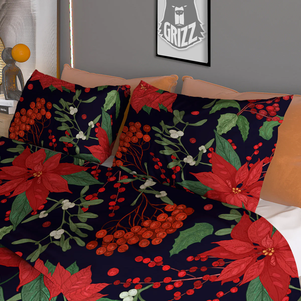 Poinsettia Xmas Print Pattern Duvet Cover Bedding Set - Image 3