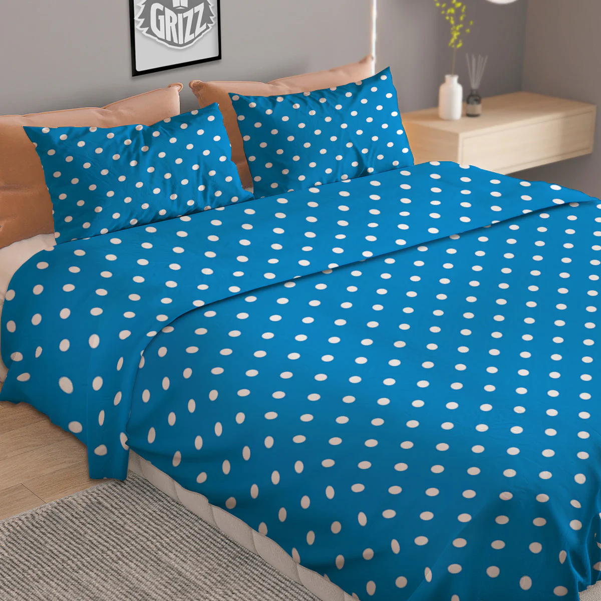 Polka Dot Blue And White Print Pattern Duvet Cover Bedding Set - Image 2