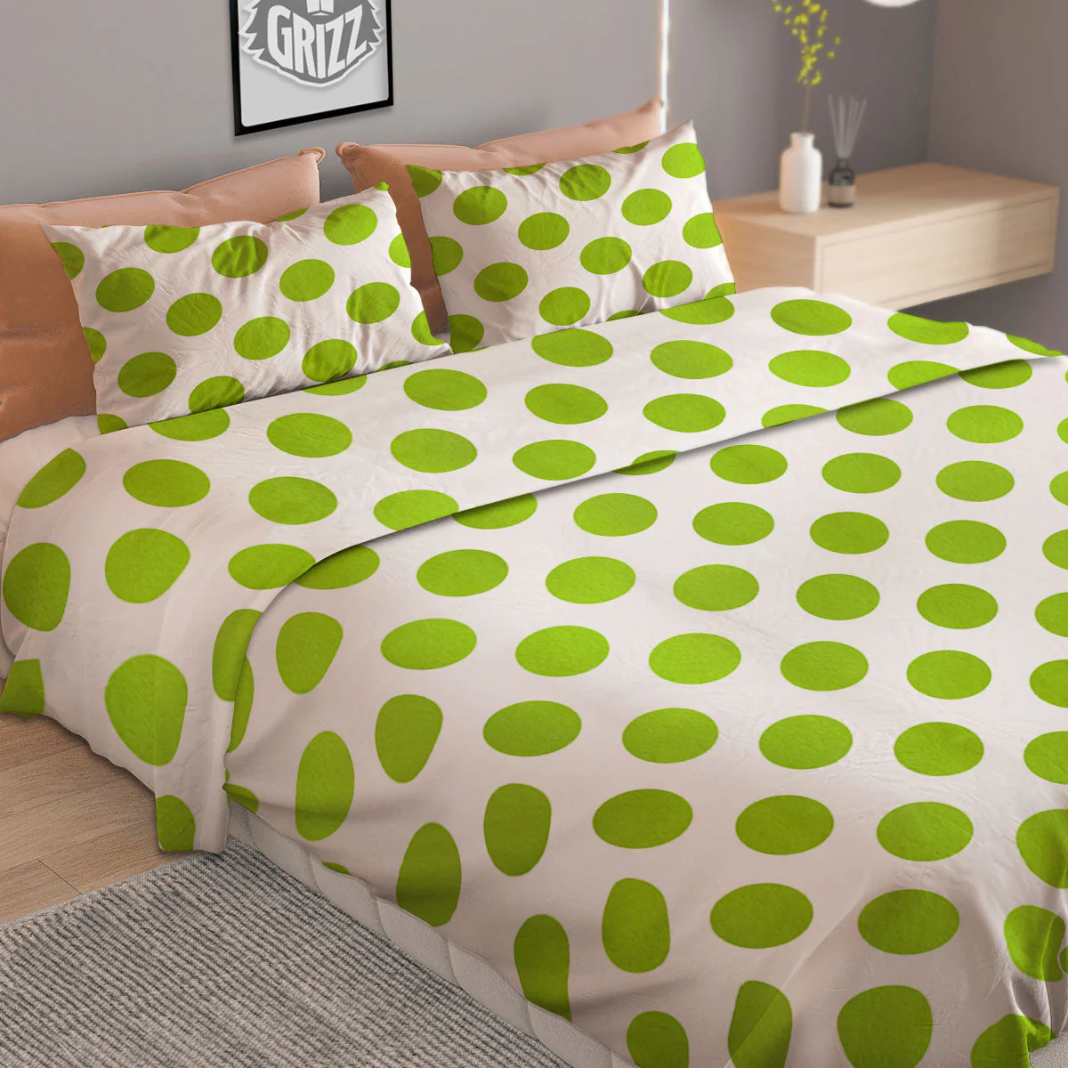 Polka Dot Lime Green And White Print Duvet Cover Bedding Set - Image 2