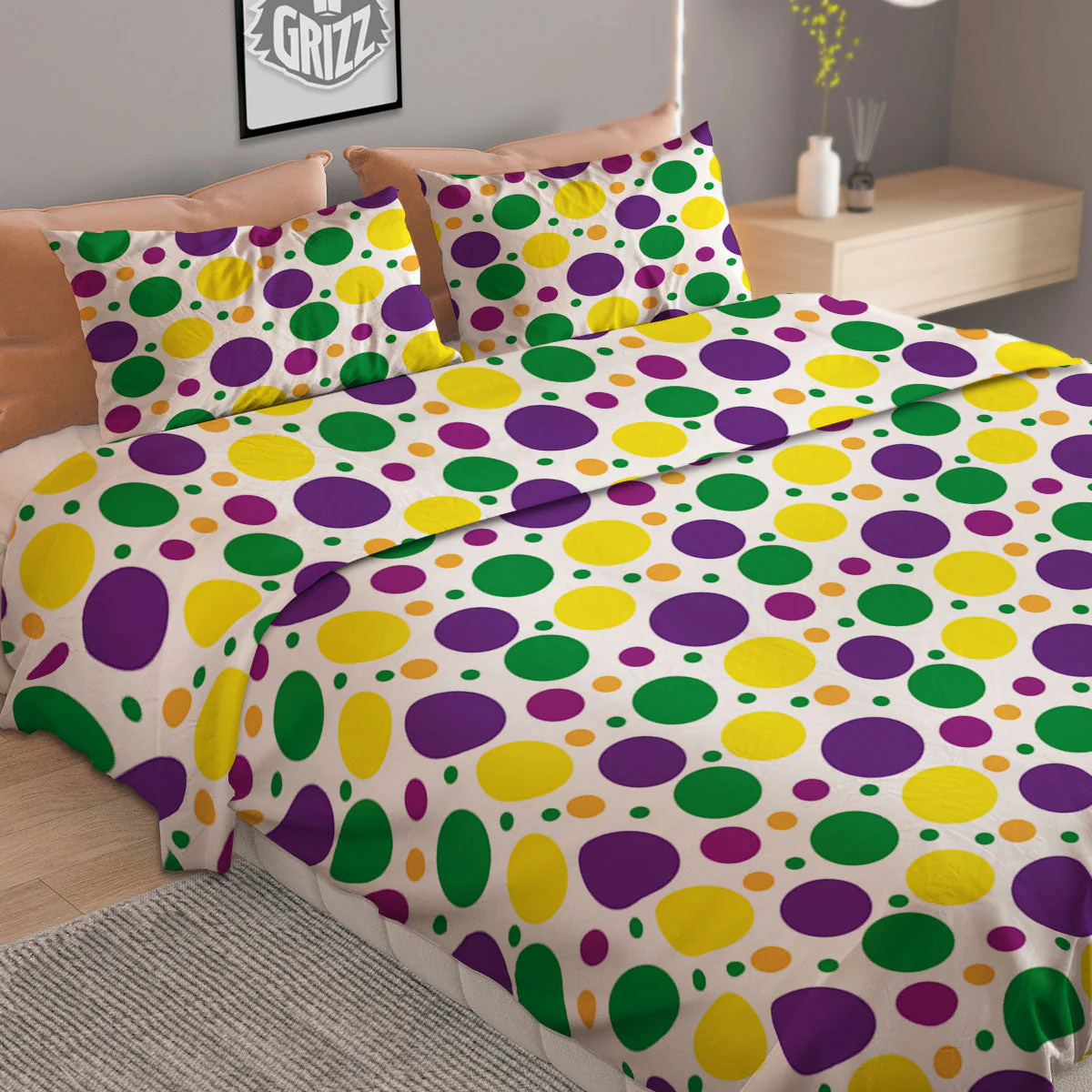 Polka Dot Mardi Gras Print Pattern Duvet Cover Bedding Set - Image 2