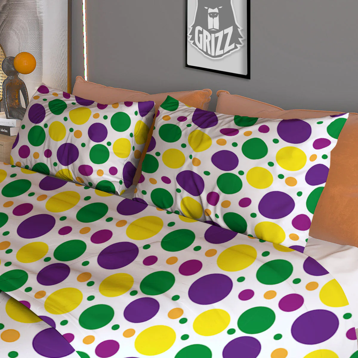 Polka Dot Mardi Gras Print Pattern Duvet Cover Bedding Set - Image 3