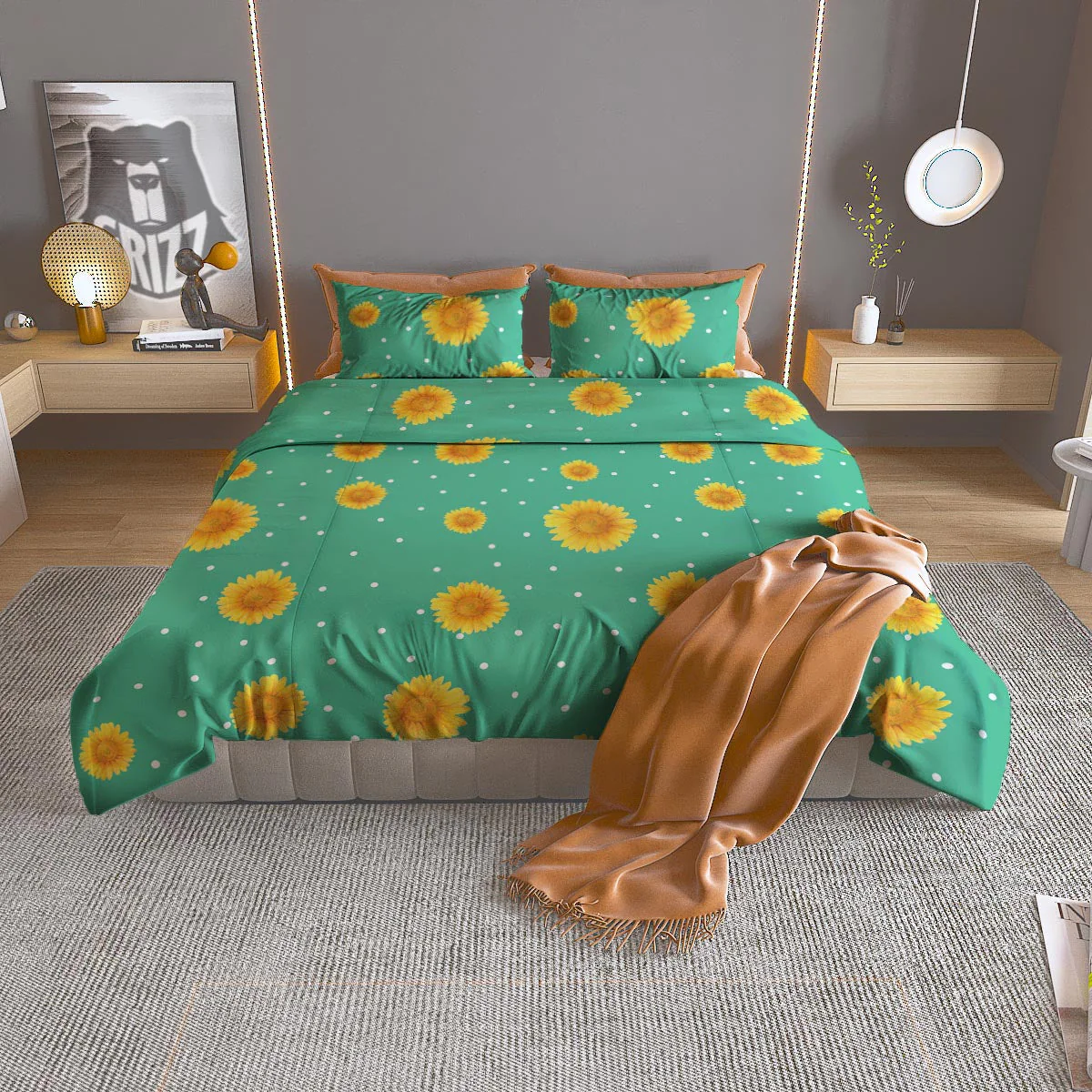 Polka Dot Sunflower Print Pattern Duvet Cover Bedding Set