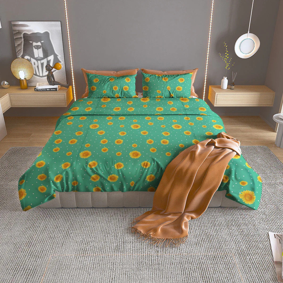 Polka Dot Sunflower Watercolor Print Pattern Duvet Cover Bedding Set