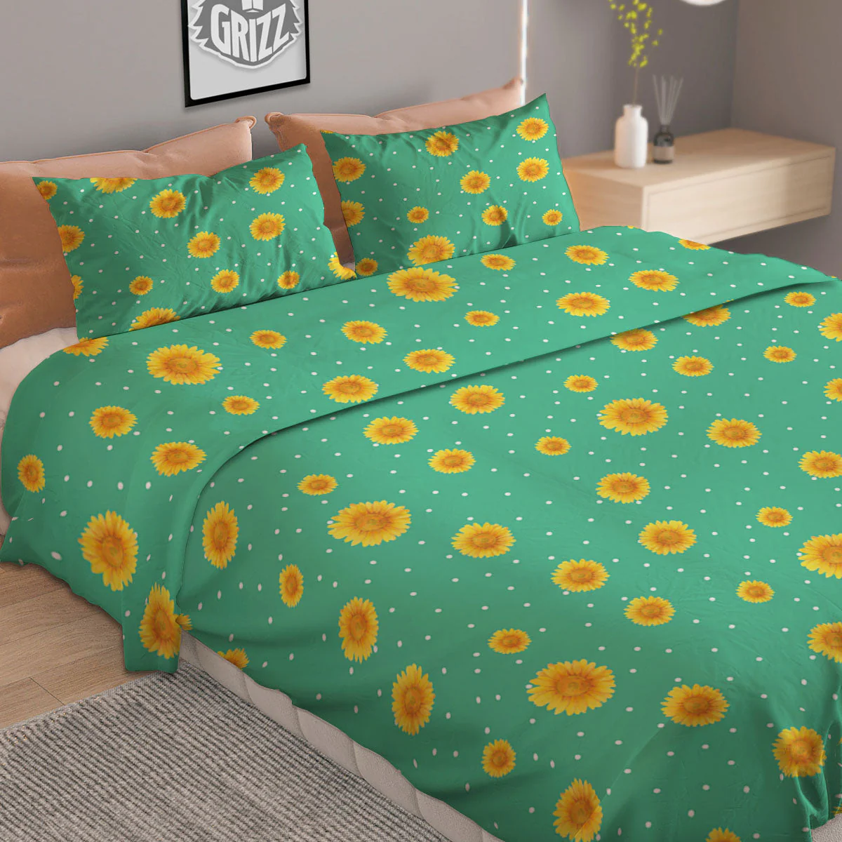 Polka Dot Sunflower Watercolor Print Pattern Duvet Cover Bedding Set - Image 2