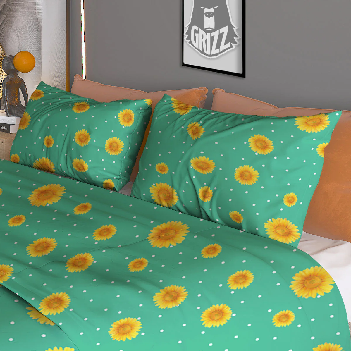 Polka Dot Sunflower Watercolor Print Pattern Duvet Cover Bedding Set - Image 3