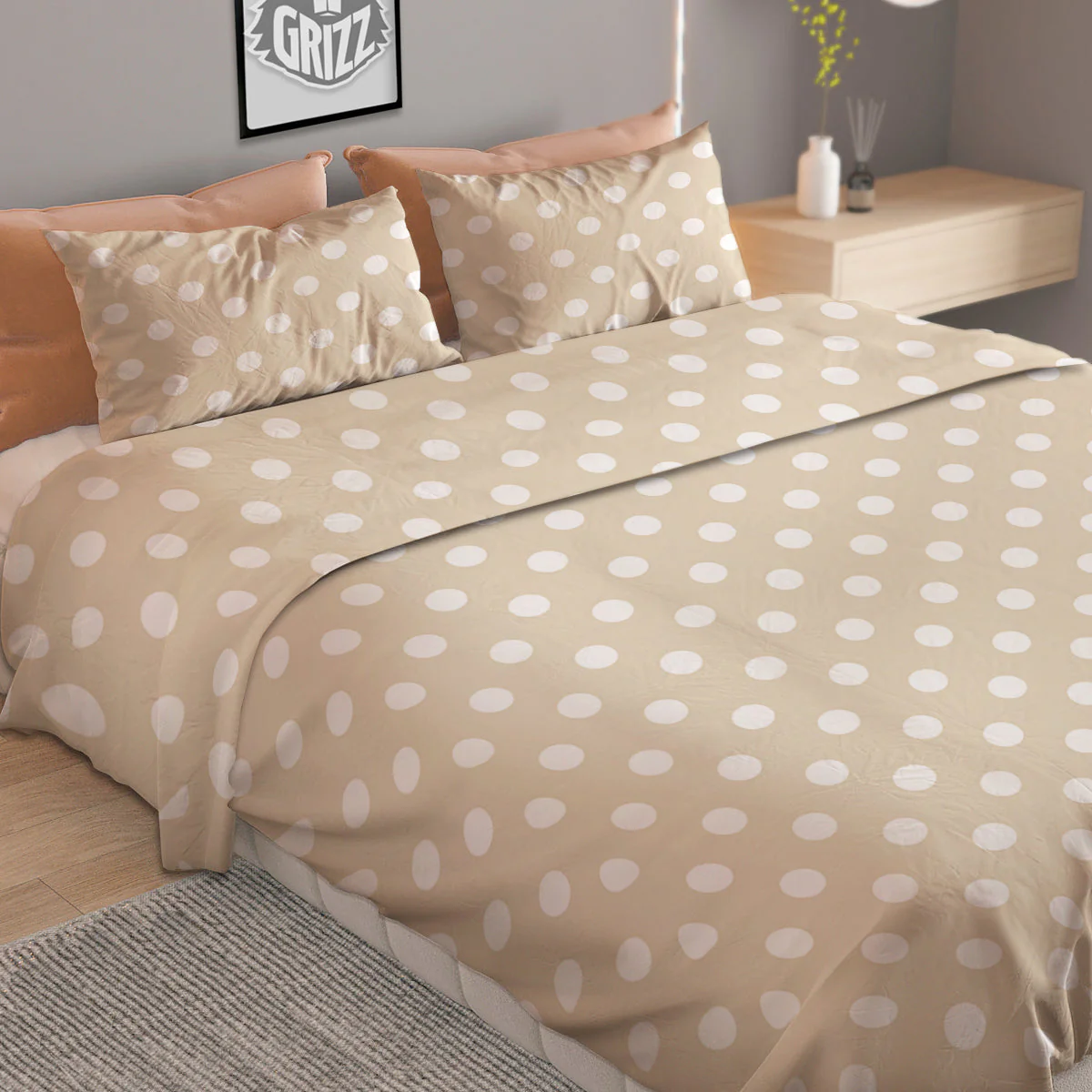 Polka Dot White And Beige Print Pattern Duvet Cover Bedding Set - Image 2