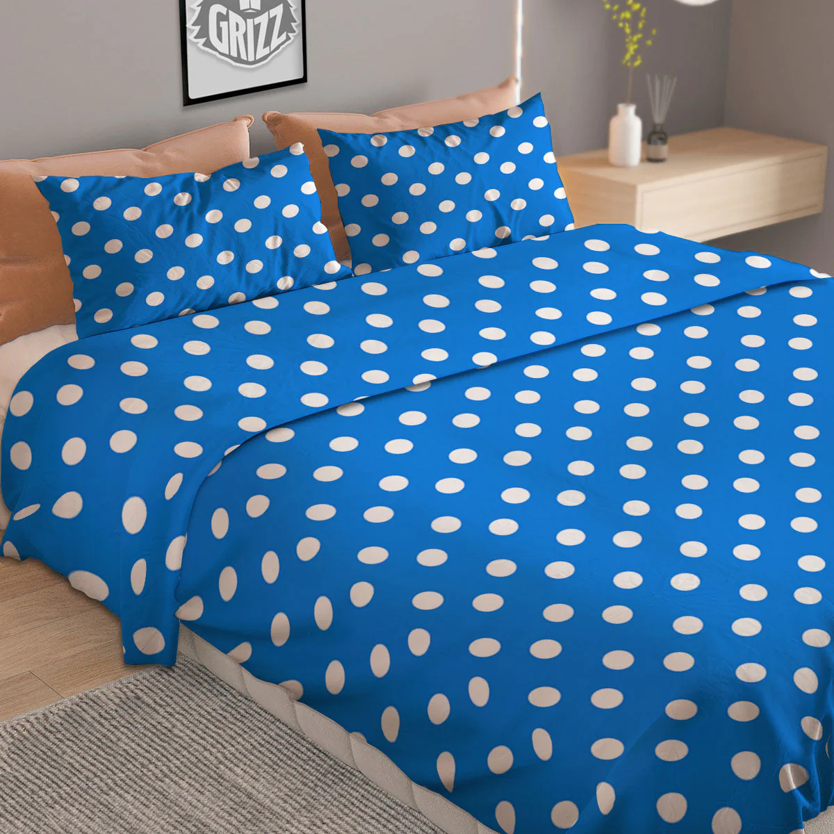 Polka Dot White And Blue Print Pattern Duvet Cover Bedding Set - Image 2