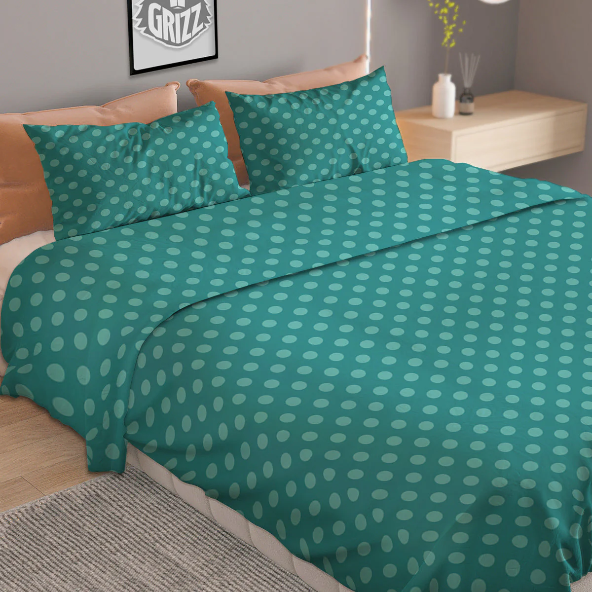 Polka Dot White And Cyan Print Pattern Duvet Cover Bedding Set - Image 2