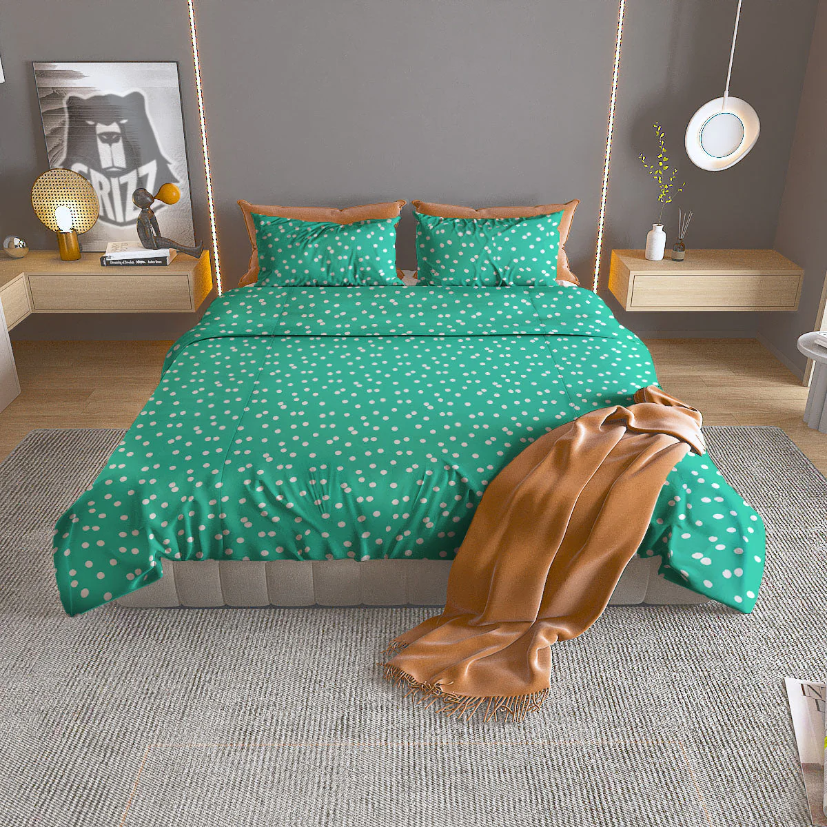 Polka Dot White And Green Print Pattern Duvet Cover Bedding Set