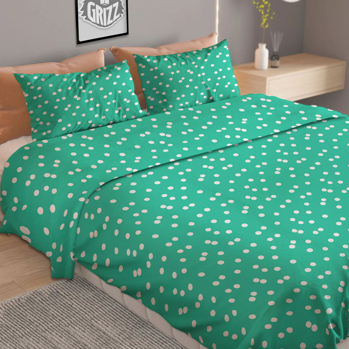 Polka Dot White And Green Print Pattern Duvet Cover Bedding Set - Image 2