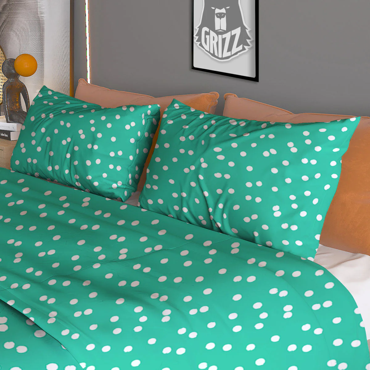 Polka Dot White And Green Print Pattern Duvet Cover Bedding Set - Image 3