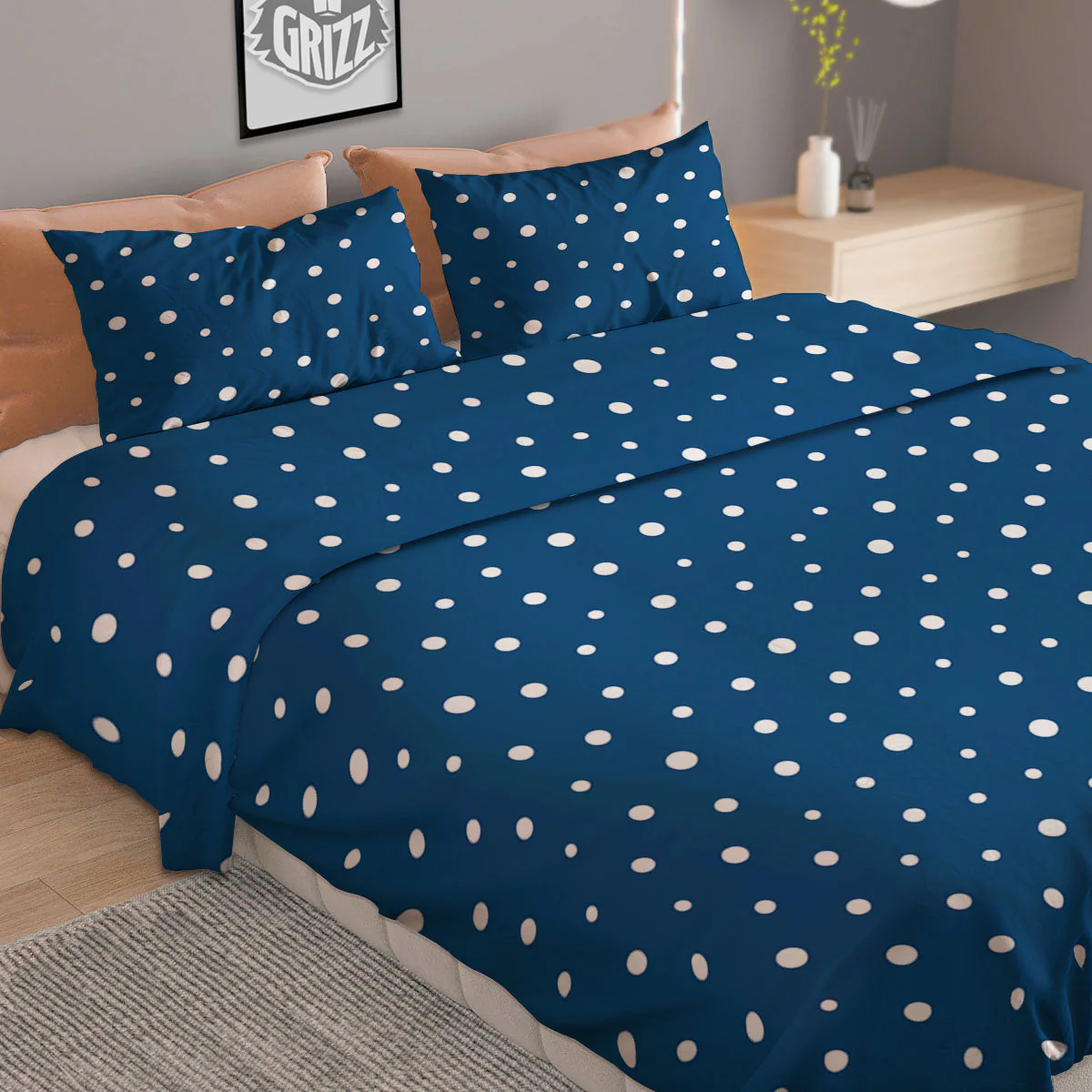 Polka Dot White And Navy Print Pattern Duvet Cover Bedding Set - Image 2
