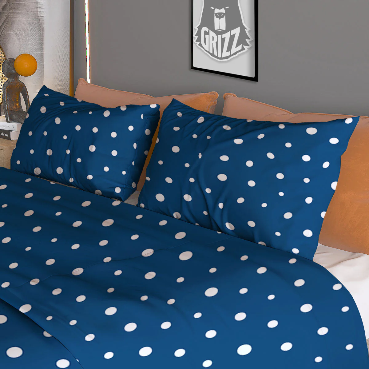 Polka Dot White And Navy Print Pattern Duvet Cover Bedding Set - Image 3