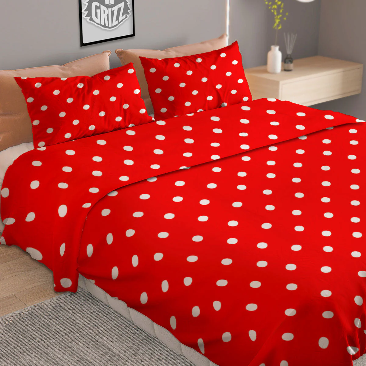 Polka Dot White And Red Print Duvet Cover Bedding Set - Image 2